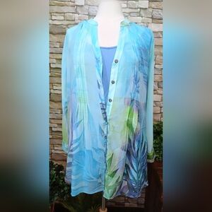 New 2fer Soft Surroundings Large Chiffon Blue Green Floral Blouse Coastal
